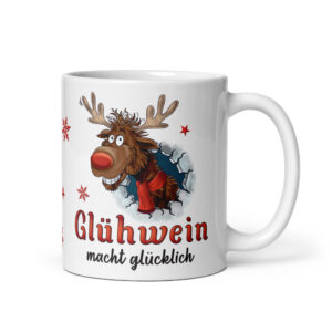 Geschenk Tasse Glühweintasse Rentier – Beidseitig bedruckte Keramiktasse mit Spruch „Glühwein macht glücklich“ – 300ml – Spülmaschinenfest – Lustige Weihnachts Geschenkidee