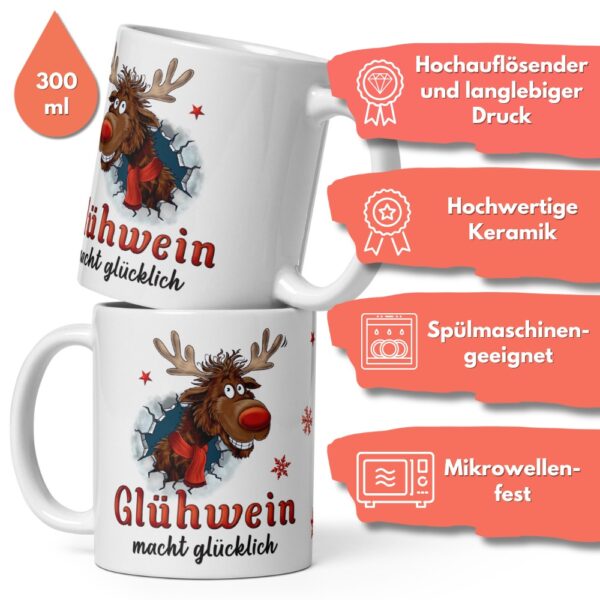Geschenk Tasse Glühweintasse Rentier – Beidseitig bedruckte Keramiktasse mit Spruch „Glühwein macht glücklich“ – 300ml – Spülmaschinenfest – Lustige Weihnachts Geschenkidee - beideitiger Druck