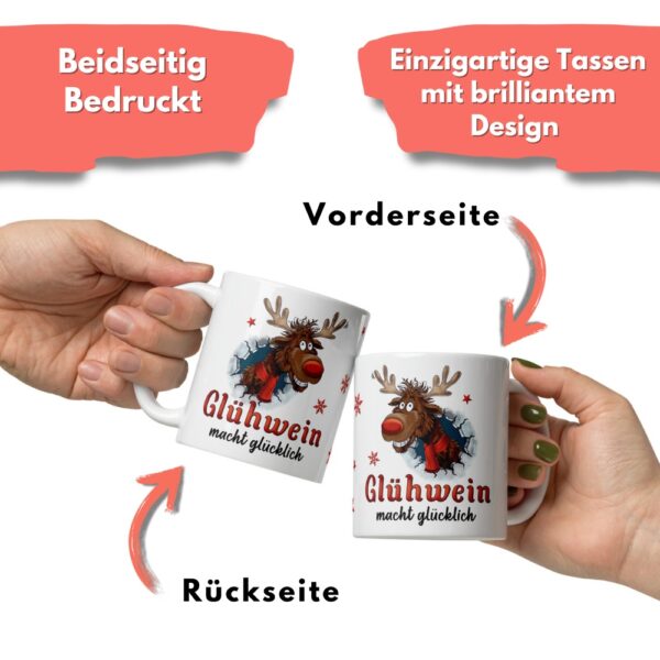 Geschenk Tasse Glühweintasse Rentier – Beidseitig bedruckte Keramiktasse mit Spruch „Glühwein macht glücklich“ – 300ml – Spülmaschinenfest – Lustige Weihnachts Geschenkidee - beideitiger Druck2