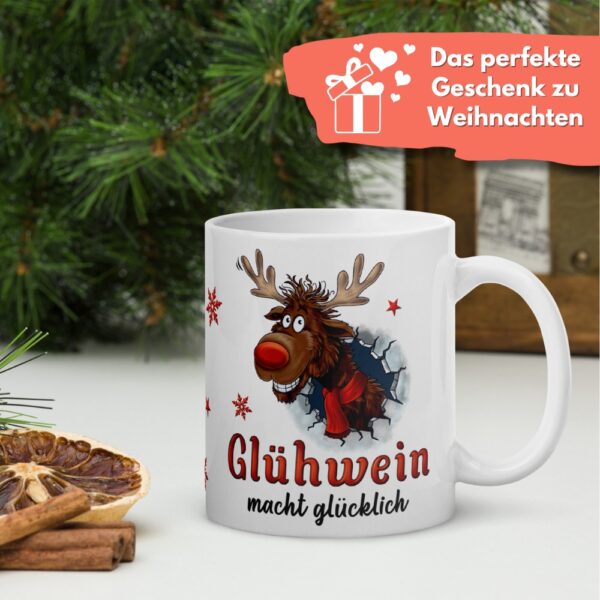 Geschenk Tasse Glühweintasse Rentier – Beidseitig bedruckte Keramiktasse mit Spruch „Glühwein macht glücklich“ – 300ml – Spülmaschinenfest – Lustige Weihnachts Geschenkidee - m Deko