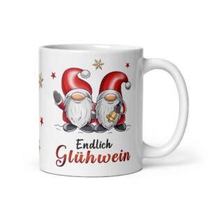 Geschenk Tasse Glühweintasse Wichtel – Beidseitig bedruckte Keramiktasse mit Spruch „Endlich Glühwein“ – 300ml – Spülmaschinenfest – Lustige Weihnachts Geschenkidee