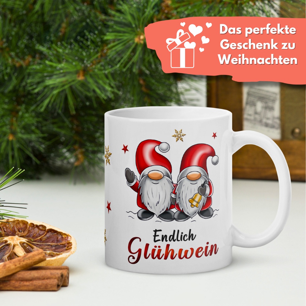 Geschenk Tasse Glühweintasse Wichtel – Beidseitig bedruckte Keramiktasse mit Spruch „Endlich Glühwein“ – 300ml – Spülmaschinenfest – Lustige Weihnachts Geschenkidee - Deko
