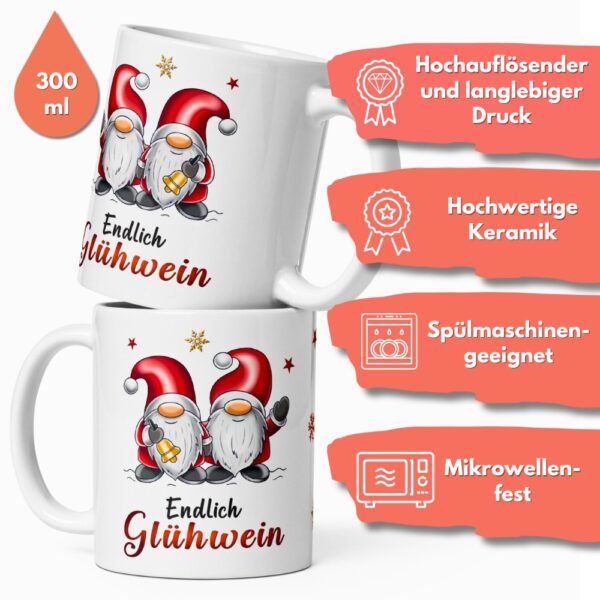 Geschenk Tasse Glühweintasse Wichtel – Beidseitig bedruckte Keramiktasse mit Spruch „Endlich Glühwein“ – 300ml – Spülmaschinenfest – Lustige Weihnachts Geschenkidee - beidseitig