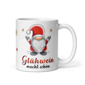 Geschenk Tasse Glühweintasse Wichtel – Beidseitig bedruckte Keramiktasse mit Spruch „Glühwein macht schön“ – 300ml – Spülmaschinenfest – Lustige Weihnachts Geschenkidee