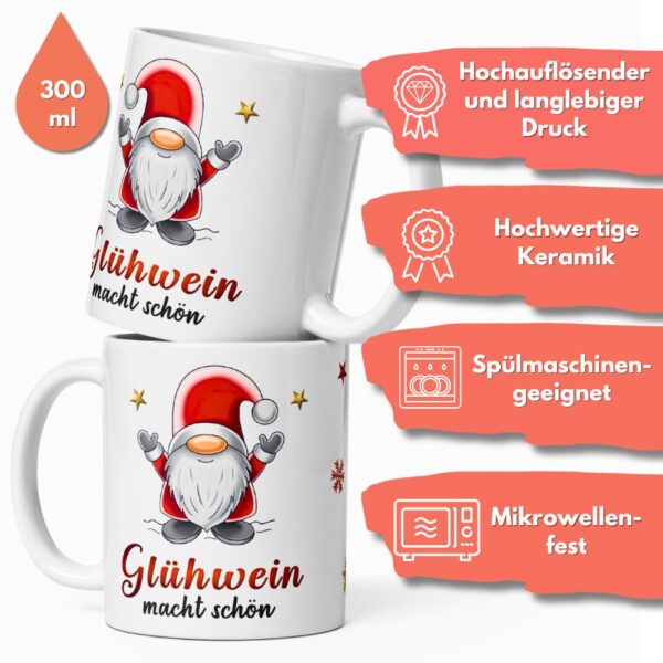 Geschenk Tasse Glühweintasse Wichtel – Beidseitig bedruckte Keramiktasse mit Spruch „Glühwein macht schön“ – 300ml – Spülmaschinenfest – Lustige Weihnachts Geschenkidee - beidseitig