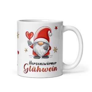 Geschenk Tasse Glühweintasse Wichtel – Beidseitig bedruckte Keramiktasse mit Spruch „Herzenswärmer Glühwein“ – 300ml – Spülmaschinenfest – Lustige Weihnachts Geschenkidee