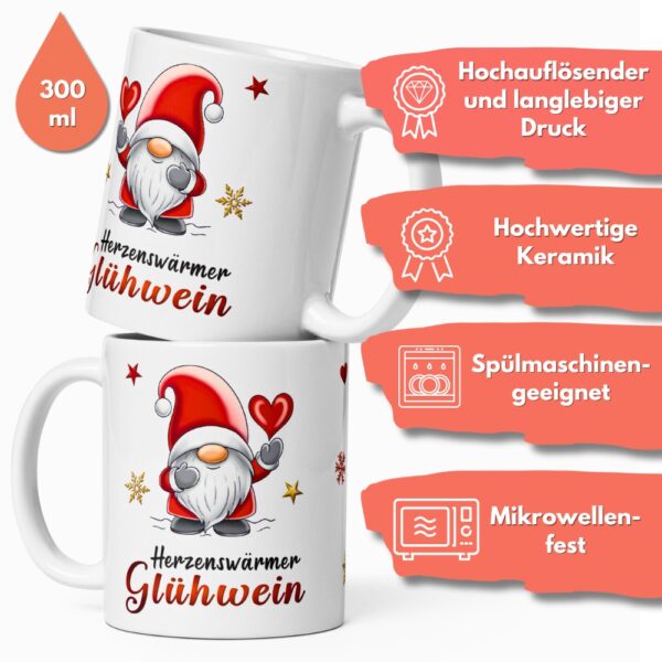 Geschenk Tasse Glühweintasse Wichtel – Beidseitig bedruckte Keramiktasse mit Spruch „Herzenswärmer Glühwein“ – 300ml – Spülmaschinenfest – Lustige Weihnachts Geschenkidee - beidseitig