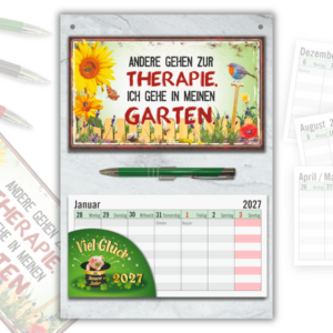 Geschenk für Gärtner Wandkalender 2027 – Garten Deko Set mit Therapie Garten Schild, Wochenplaner zum Abreißen & Metall-Kugelschreiber