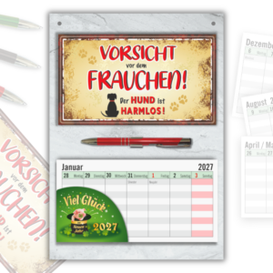 Geschenk für Hundebesitzer Wandkalender 2027 – Hundeliebhaber Set mit Vorsicht vor dem Frauchen Schild, Wochenplaner & Metall-Kugelschreiber