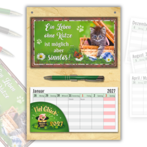 Geschenk für Katzenliebhaber Wandkalender 2027 – Katzen Set mit Ein Leben ohne Katze Schild, Wochenplaner zum Abreißen & Metall-Kugelschreiber