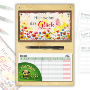 Geschenk zum Einzug Wandkalender 2027 - Hier wohnt das Glück – Einweihungsgeschenk Set mit Hier wohnt das Glück Schild, Wochenplaner zum Abreißen & Metall-Kugelschreiber
