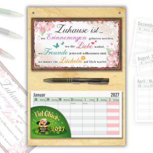 Geschenk zum Einzug Wandkalender 2027 – Einweihungsgeschenk Set mit Zuhause ist... Schild, Wochenplaner zum Abreißen & Metall-Kugelschreiber