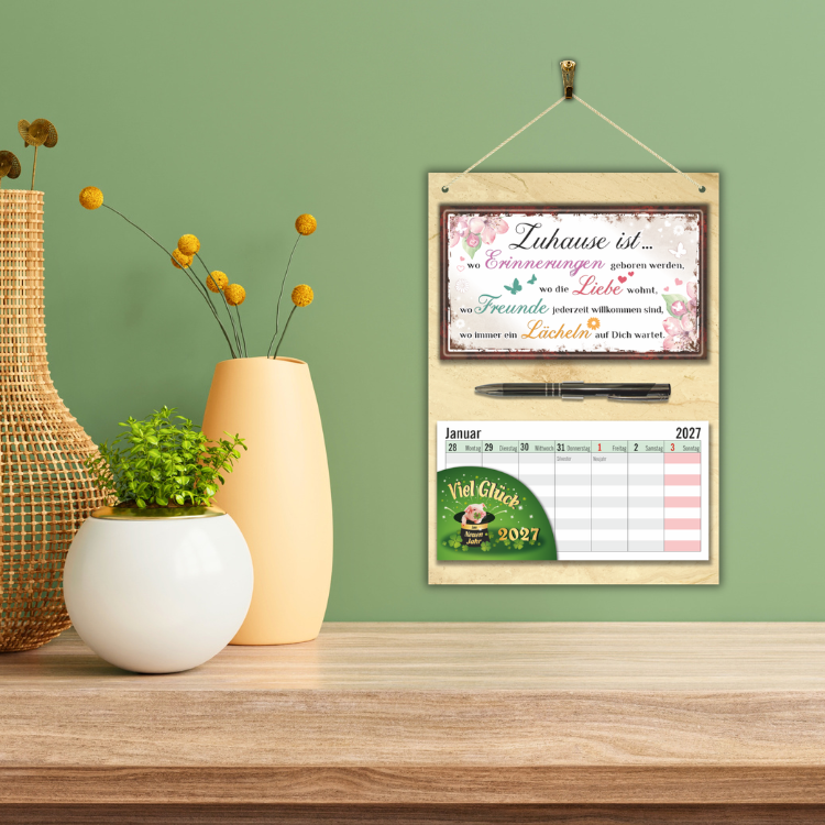 Geschenk zum Einzug Wandkalender 2027 – Einweihungsgeschenk Set mit Zuhause ist... Schild, Wochenplaner zum Abreißen & Metall-Kugelschreiber - an der wand 2