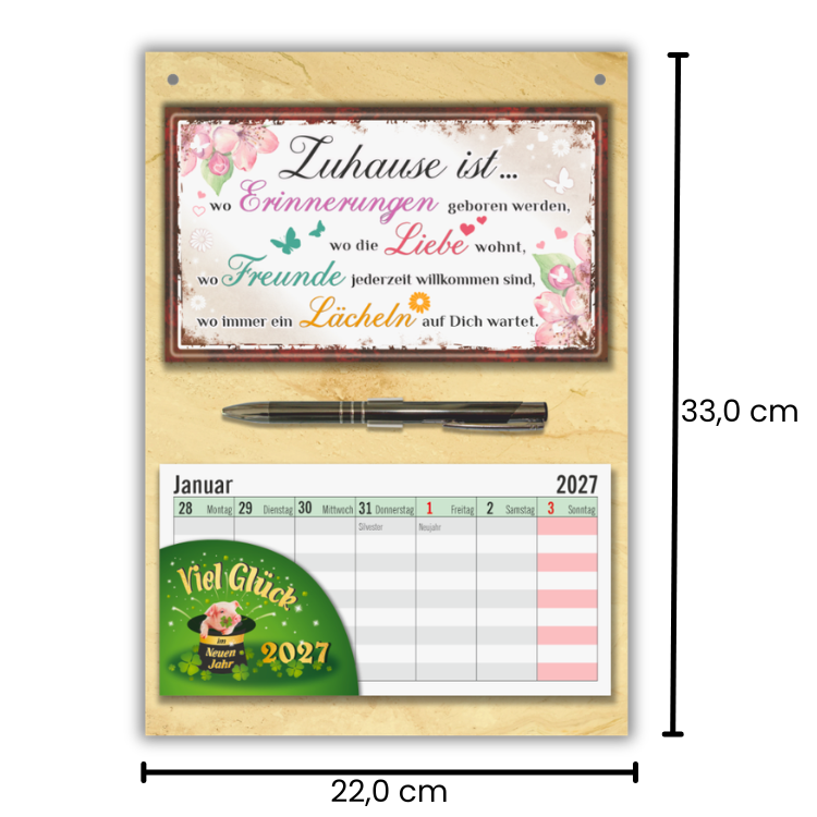 Geschenk zum Einzug Wandkalender 2027 – Einweihungsgeschenk Set mit Zuhause ist... Schild, Wochenplaner zum Abreißen & Metall-Kugelschreiber - maße