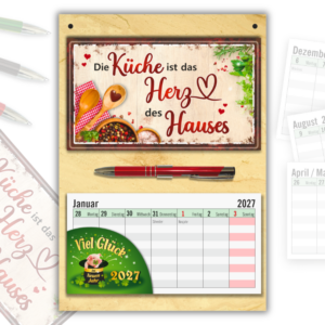 Geschenk zum Einzug Wandkalender 2027 – Küchen Deko Set mit Herz des Hauses Schild, Wochenplaner zum Abreißen & Metall-Kugelschreiber