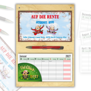 Geschenk zum Ruhestand Wandkalender 2027 – Abschiedsgeschenk Kollege Set mit Auf die Rente Schild, Wochenplaner zum Abreißen & Metall-Kugelschreiber