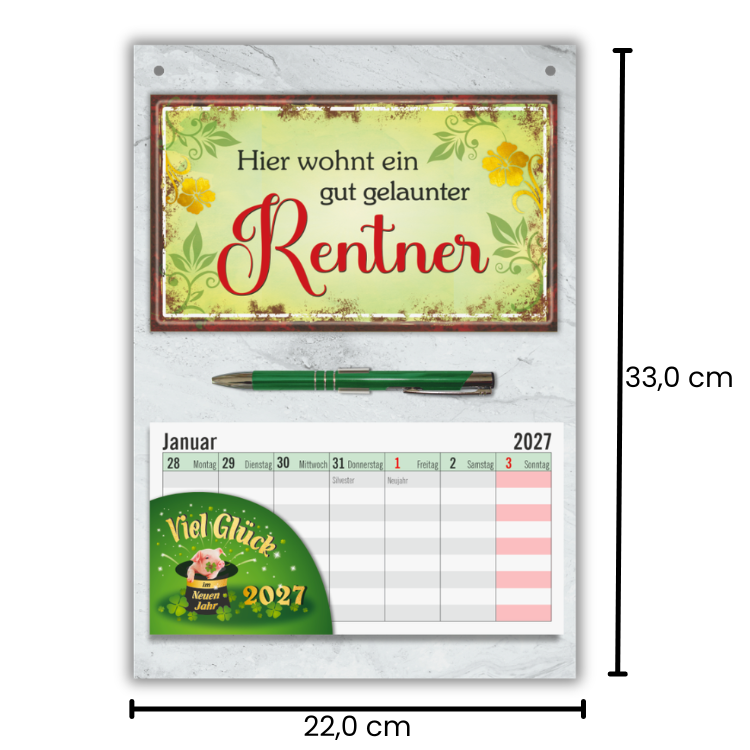 Geschenk zum Ruhestand Wandkalender 2027 – Abschiedsgeschenk Kollege Set mit Gut gelaunter Rentner Schild, Wochenplaner & Metall-Kugelschreiber - Maße