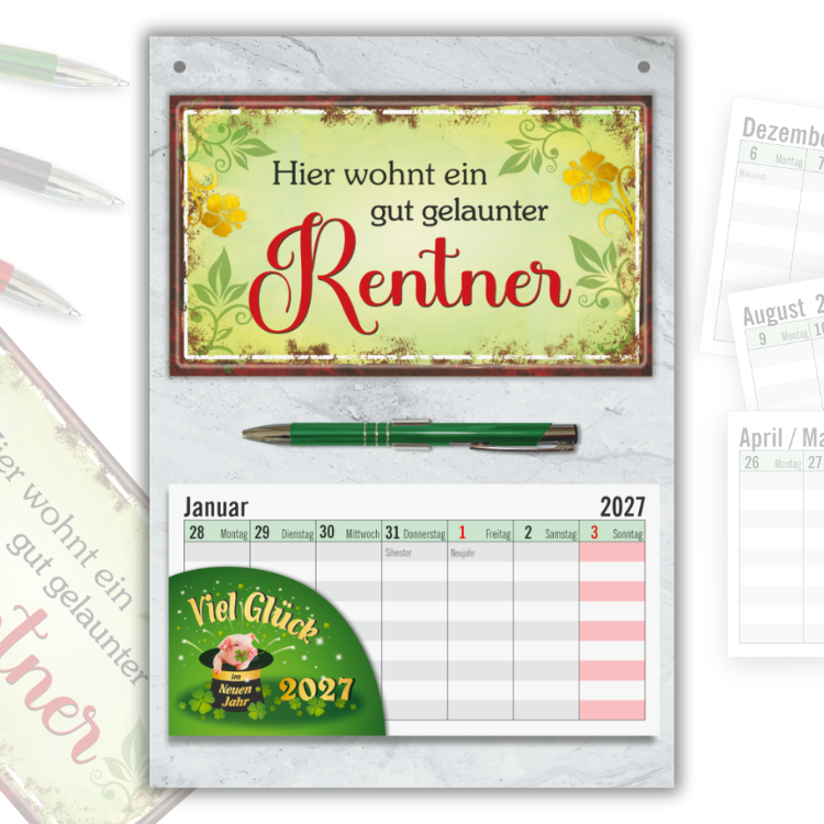 Geschenk zum Ruhestand Wandkalender 2027 – Abschiedsgeschenk Kollege Set mit Gut gelaunter Rentner Schild, Wochenplaner & Metall-Kugelschreiber