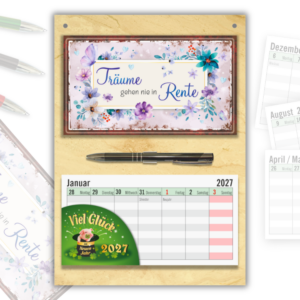 Geschenk zum Ruhestand Wandkalender 2027 – Abschiedsgeschenk Kollegin Set mit Träume Schild, Wochenplaner zum Abreißen & Metall-Kugelschreiber
