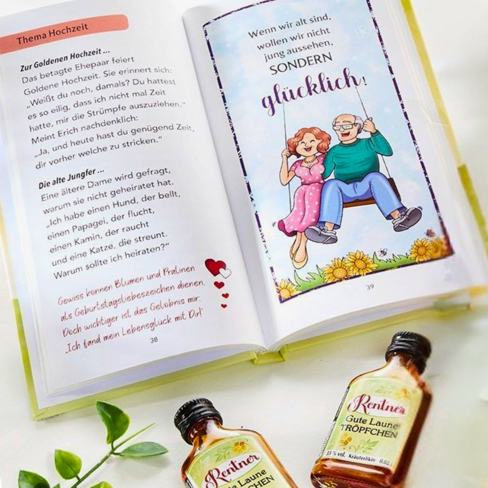 Geschenkbox – Buch mit Witzen, Liedern & Rätseln + 2x Kräuterlikör 2cl Geschenk Ruhestand für Opa & Oma Humorvolles Set für Senioren & unterwegs - 2