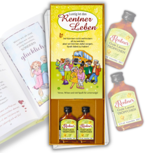 Geschenkbox – Buch mit Witzen, Liedern & Rätseln + 2x Kräuterlikör 2cl Geschenk Ruhestand für Opa & Oma Humorvolles Set für Senioren & unterwegs - Einzelteile