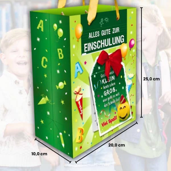 Geschenktuete-Alles-Gute-zur-Einschulung-mit-Glueckwunschkarte-als-Einschulungsgeschenk-Geschenk-zur-Einschulung-fuer-Jungen-und-Maedchen-Geschenktasche-mit-Karte-Masse