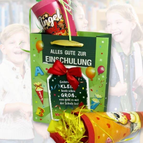 Geschenktuete-Alles-Gute-zur-Einschulung-mit-Glueckwunschkarte-als-Einschulungsgeschenk-Geschenk-zur-Einschulung-fuer-Jungen-und-Maedchen-Geschenktasche-mit-Karte-Mit-Zuckertuete