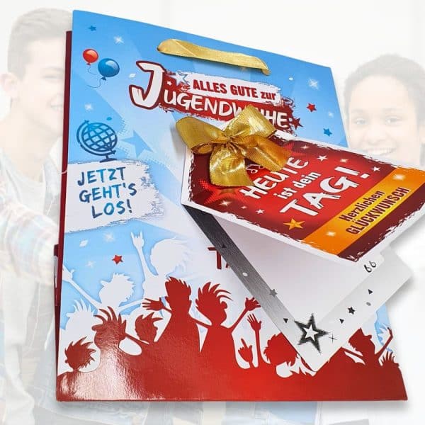 Geschenktüte - Alles Gute zur Jugendweihe - mit Glückwunschkarte als Jugendweihegeschenk Geschenk zur Jugendweihe für Jungen und Mädchen Geschenktasche mit Karte - Tüte schräg