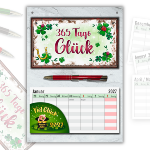 Glücksbringer Neujahr Wandkalender 2027 – Silvester Mitbringsel Set mit Wochenkalender zum Abreißen, Metall-Kugelschreiber & Glücks-Schild für Freunde