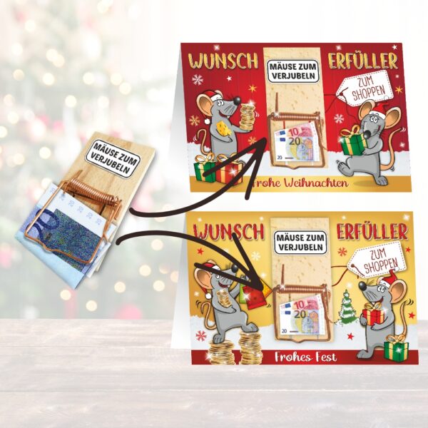Glückwunschkarte mit Mausfalle - Frohe Weihnachten Frohes Fest - als Geldgeschenk zu Weihnachten Mäuse zum Verjubeln als Wunscherfüller fürs Fest
