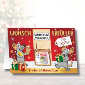 Glückwunschkarte mit Mausfalle - Frohe Weihnachten - als Geldgeschenk zu Weihnachten Mäuse zum Verjubeln als Wunscherfüller fürs Fest