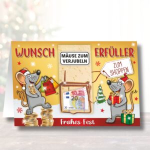 Glückwunschkarte mit Mausfalle - Frohes Fest - als Geldgeschenk zu Weihnachten Mäuse zum Verjubeln als Wunscherfüller fürs Fest