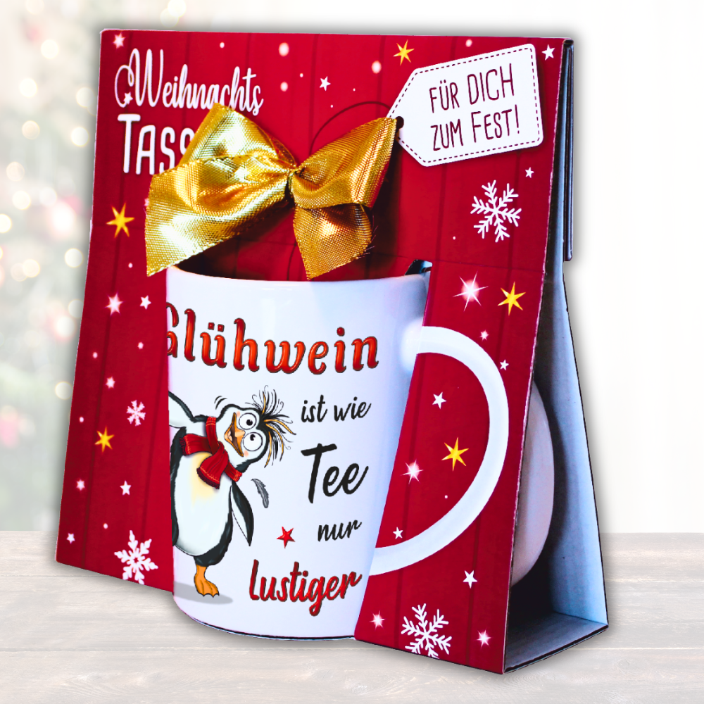 Glühweintasse mit Geschenkverpackung und goldener Schleife – Lustiges Weihnachtsgeschenk Pinguin Tasse mit Spruch – Beidseitig bedruckte Keramiktasse 300ml Spülmaschinenfest Weiß Rot, Maße 16,5x16,5x8cm -