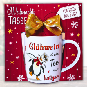 Glühweintasse mit Geschenkverpackung und goldener Schleife – Lustiges Weihnachtsgeschenk Pinguin Tasse mit Spruch – Beidseitig bedruckte Keramiktasse 300ml Spülmaschinenfest Weiß Rot, Maße 16,5x16,5x8cm