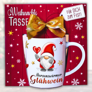 Glühweintasse mit Verpackung – Keramiktasse 300ml mit süßem Wichtel Motiv & Spruch - Herzenswärmer Glühwein, Becher mit Geschenkbox & goldener Schleife zu Weihnachten