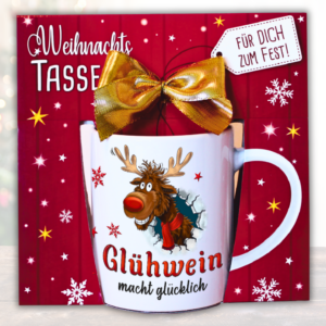 Glühweintasse mit Verpackung – Lustige Keramiktasse 300ml mit Rentier Motiv & Spruch, Becher mit Geschenkbox & goldener Schleife zu Weihnachten