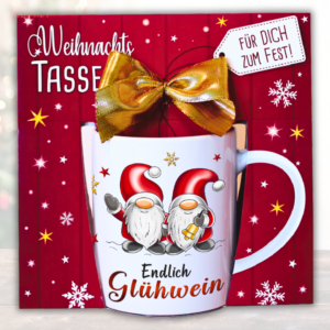 Glühweintasse mit Verpackung – Lustige Keramiktasse 300ml mit Wichtel Motiv & Spruch, Becher mit Geschenkbox & goldener Schleife zu Weihnachten