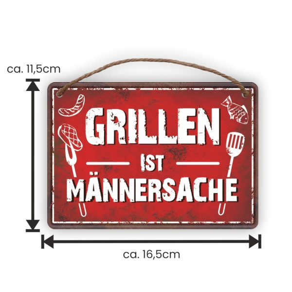 Grillen ist Männersache - Metallschild Blechschild Schild Türschild mit Kordel Seil zum Anhängen Männergeschenk AV Andrea Verlag andrea-geschenke.de - Maße