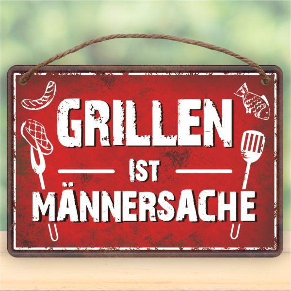 Grillen ist Männersache - Metallschild Blechschild Schild Türschild mit Kordel Seil zum Anhängen Männergeschenk AV Andrea Verlag andrea-geschenke.de