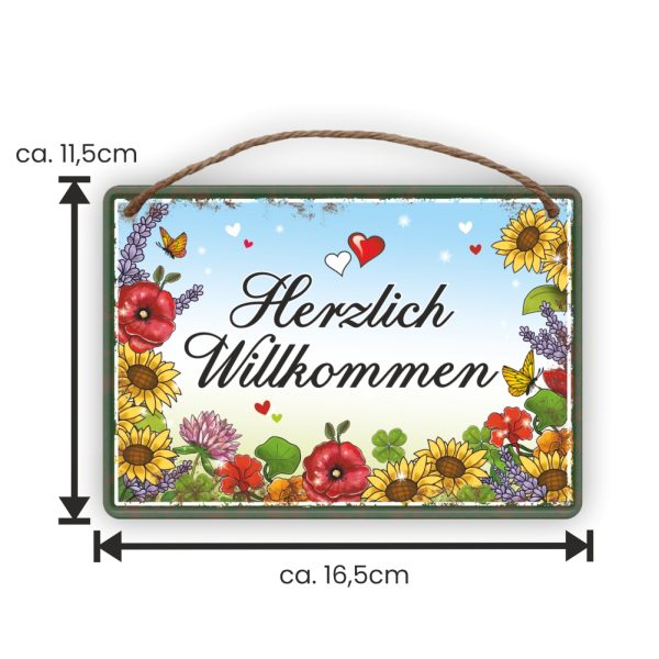 Herzlich Willkommen - Metallschild Blechschild Schild Türschild mit Kordel Seil zum Anhängen Männergeschenk AV Andrea Verlag andrea-geschenke.de - Maße