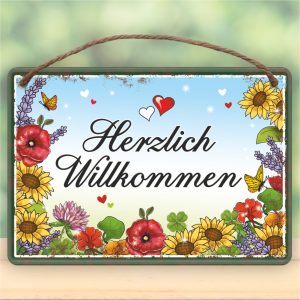 Herzlich Willkommen - Metallschild Blechschild Schild Türschild mit Kordel Seil zum Anhängen Männergeschenk AV Andrea Verlag andrea-geschenke.de