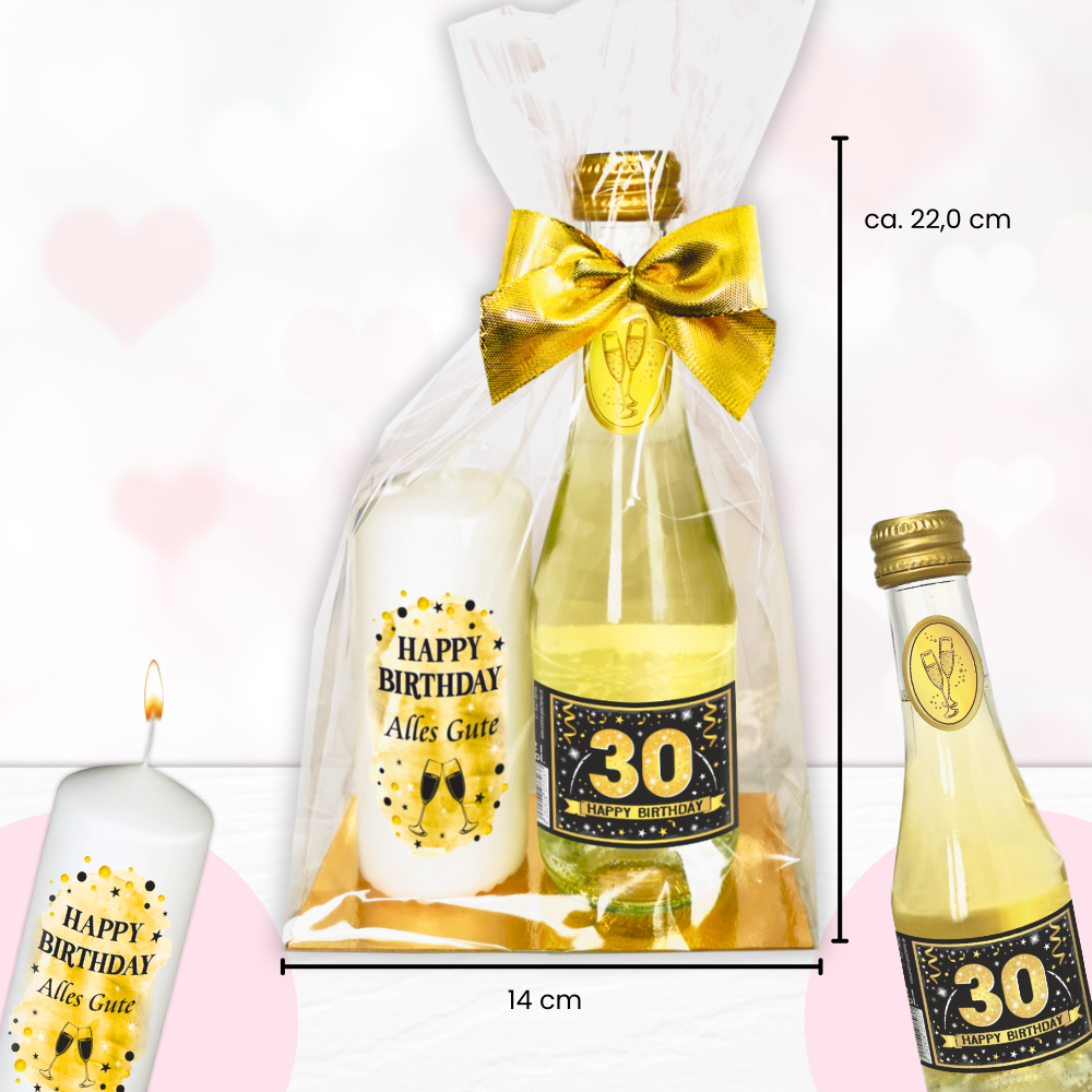 Hochwertiges Geschenkset - 30 Happy Birthday GOLD mit Geburtstagskerze - Set mit Piccolo Secco Sekt und Stumpenkerze Kerze Geschenk zum 30. Geburtstag Pfeif auf's Alter - Maße