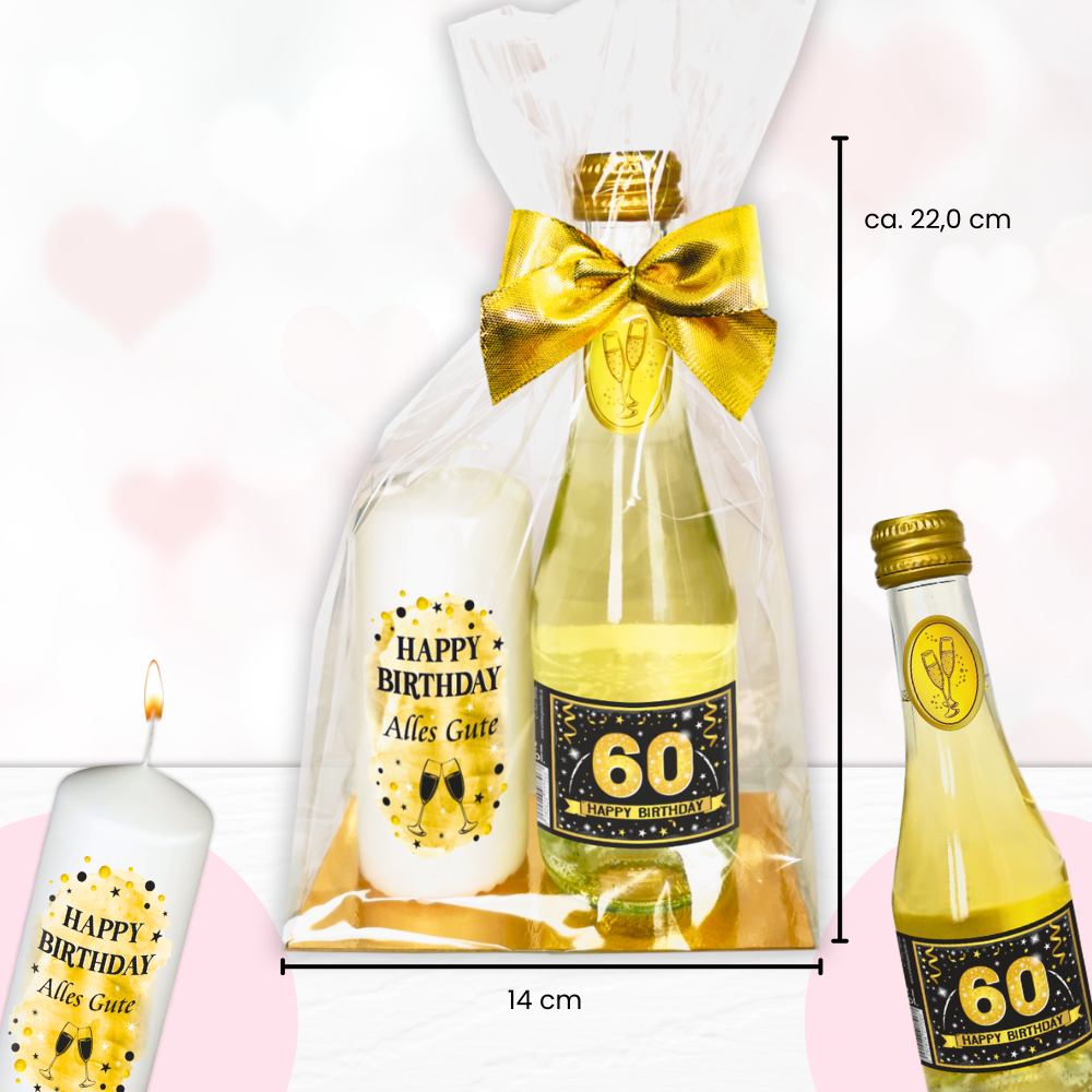 Hochwertiges Geschenkset - 60 Happy Birthday GOLD mit Geburtstagskerze - Set mit Piccolo Secco Sekt und Stumpenkerze Kerze Geschenk zum 60. Geburtstag Pfeif auf's Alter - Maße