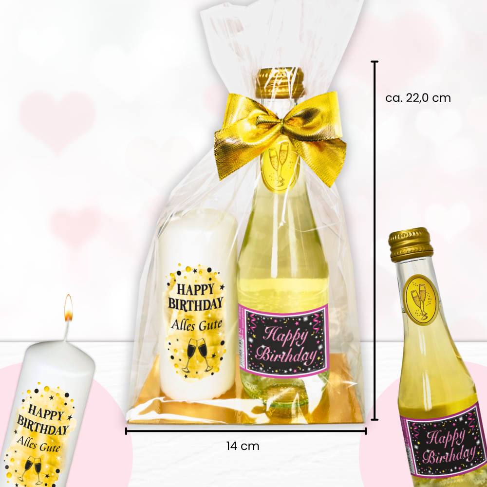 Hochwertiges Geschenkset - Happy Birthday PINK mit Geburtstagskerze - Set mit Piccolo Secco Sekt und Stumpenkerze Kerze Geschenk zum Geburtstag Pfeif auf's Alter - Maße