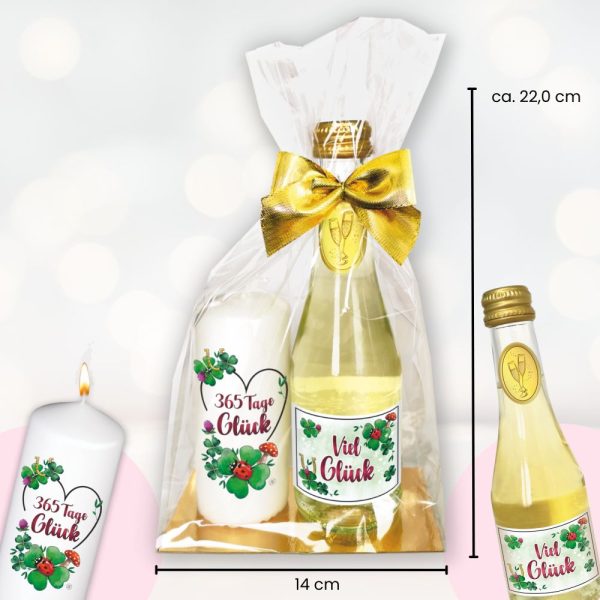 Hochwertiges Geschenkset - Piccolo Beerenperlwein 365 Tage Glück mit Kerze 365 Tage Glück - Secco Sekt mit Kerze Perfektes Geschenk für Frauen zum Geburtstag - Maße