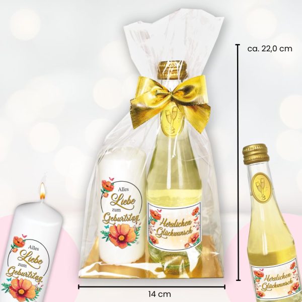 Hochwertiges Geschenkset - Piccolo Beerenperlwein Alles liebe zum Geburtstag mit Kerze Geburtstag - Secco Sekt mit Kerze Perfektes Geschenk für Frauen zum Geburtstag - Maße