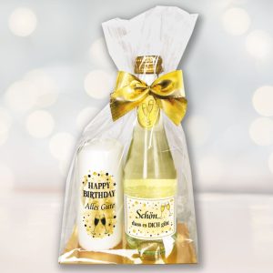 Hochwertiges Geschenkset - Piccolo Beerenperlwein Schön das es dich gibt mit Kerze Happy Birthday und Alles - Secco Sekt mit Kerze Perfektes Geschenk für Frauen zum Geburtstag - Groß