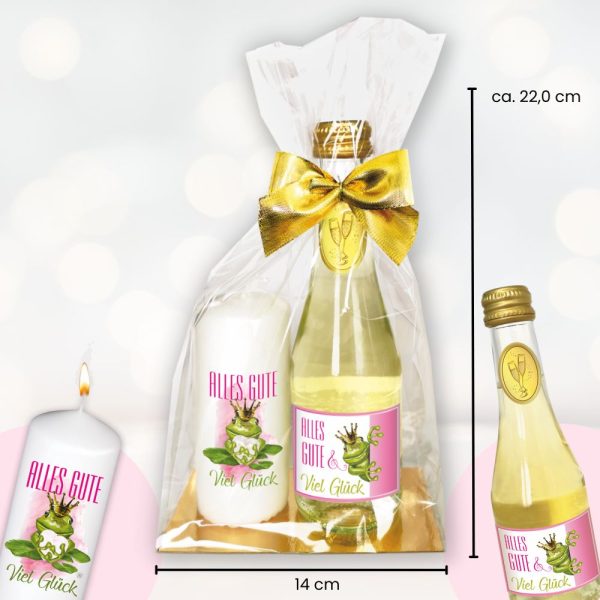 Hochwertiges Geschenkset - Piccolo Beerenperlwein mit Kerze Alles Gute und Viel Glück Frosch - Secco Sekt mit Kerze Perfektes Geschenk für Frauen zum Geburtstag - Maße