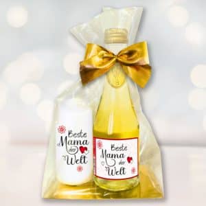 Hochwertiges Geschenkset - Piccolo Beerenperlwein mit Kerze Beste Mama der Welt - Secco Sekt mit Stumpenkerze Perfektes Geschenk für Frauen zum Muttertag