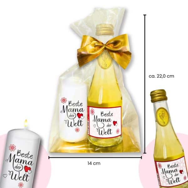 Hochwertiges Geschenkset - Piccolo Beerenperlwein mit Kerze Beste Mama der Welt - Secco Sekt mit Stumpenkerze Perfektes Geschenk für Frauen zum Muttertag - Maße